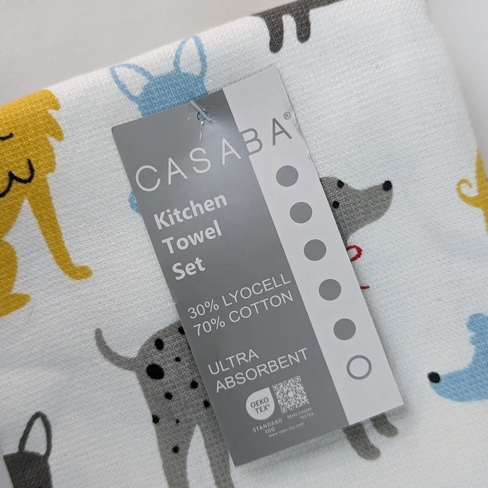 Kitchen Towels Set Of Three (3) Various Dog Breeds Multicolor Solid Grey NWT